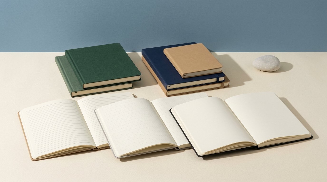 Notebooks and planners stacked on a pale surface