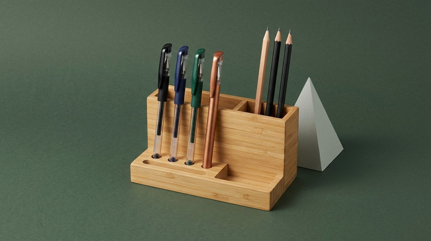Gel pens, pencils, and a bamboo desk organiser arranged on a neutral background