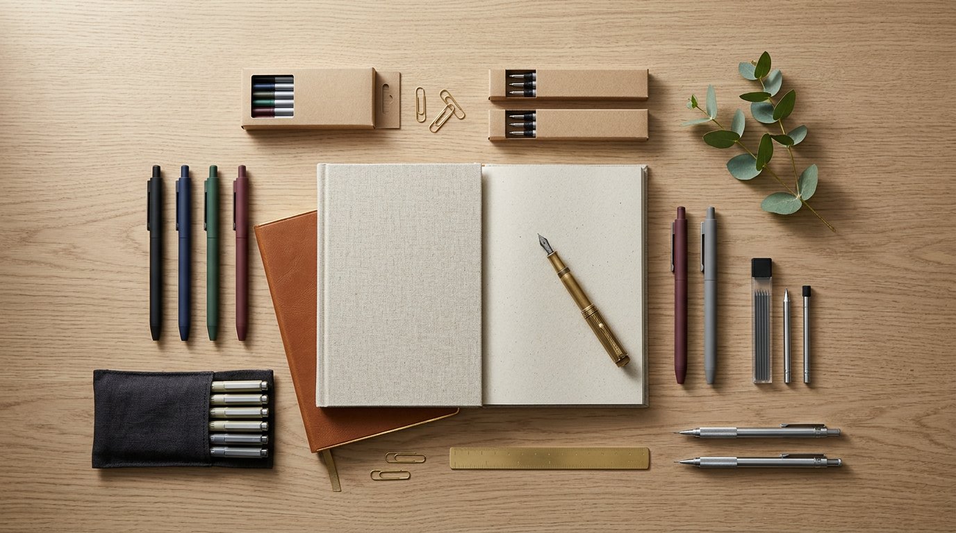 Curated stationery flat lay with gel pens, notebooks, and a brass fountain pen on a clean white desk