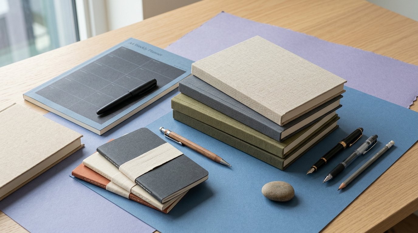 Stacked hardbound notebooks on a light oak desk surface