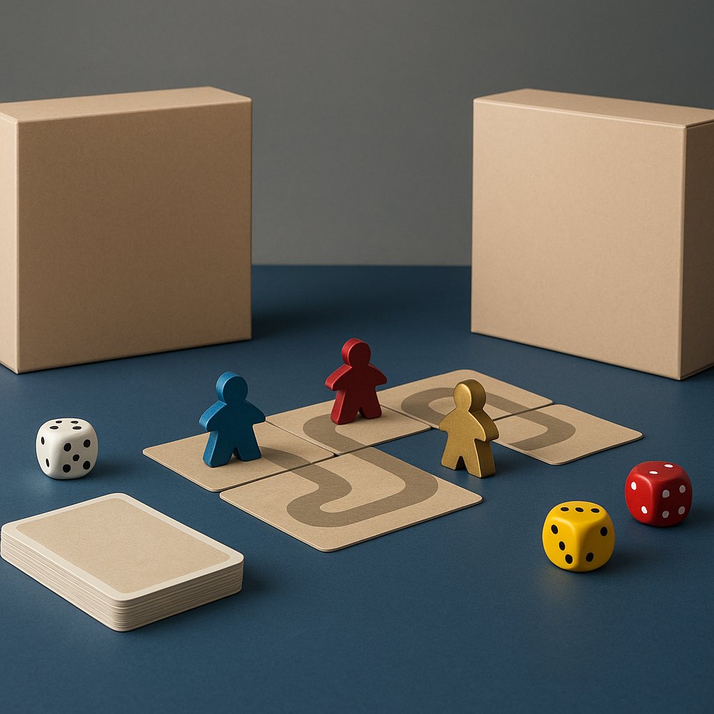 Spielschachteln, Figuren, Würfel und Karten als Spielpfad