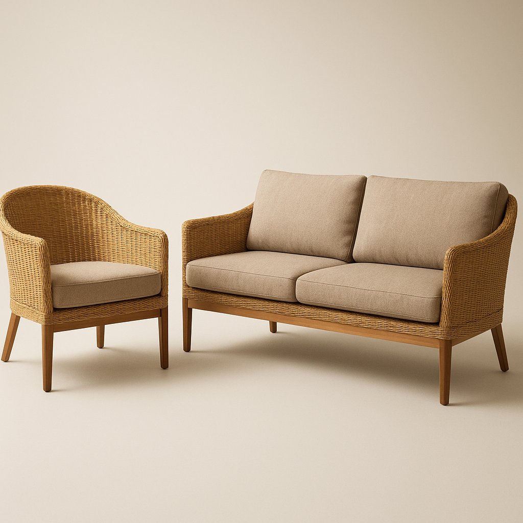 Woven armchair and woven sofa presented together