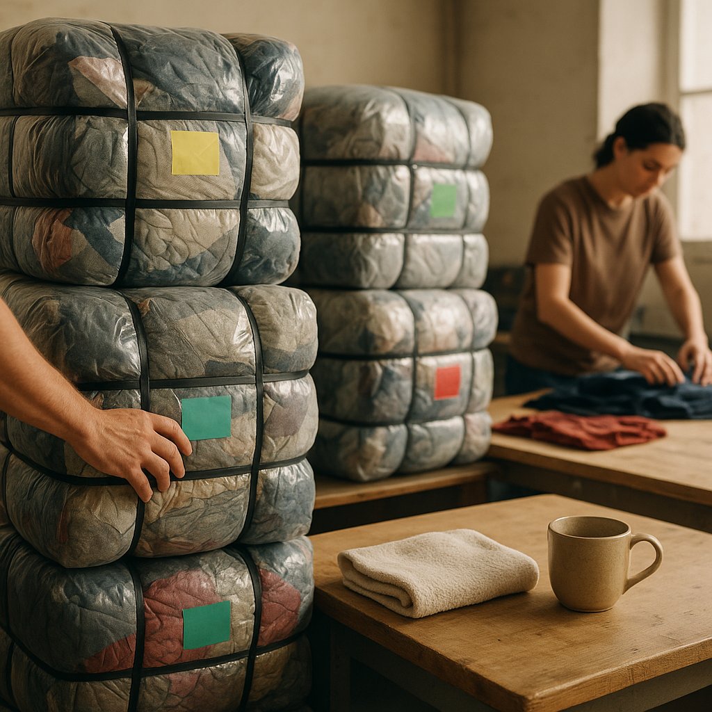 Wholesale stockroom order board with second-hand clothing bales